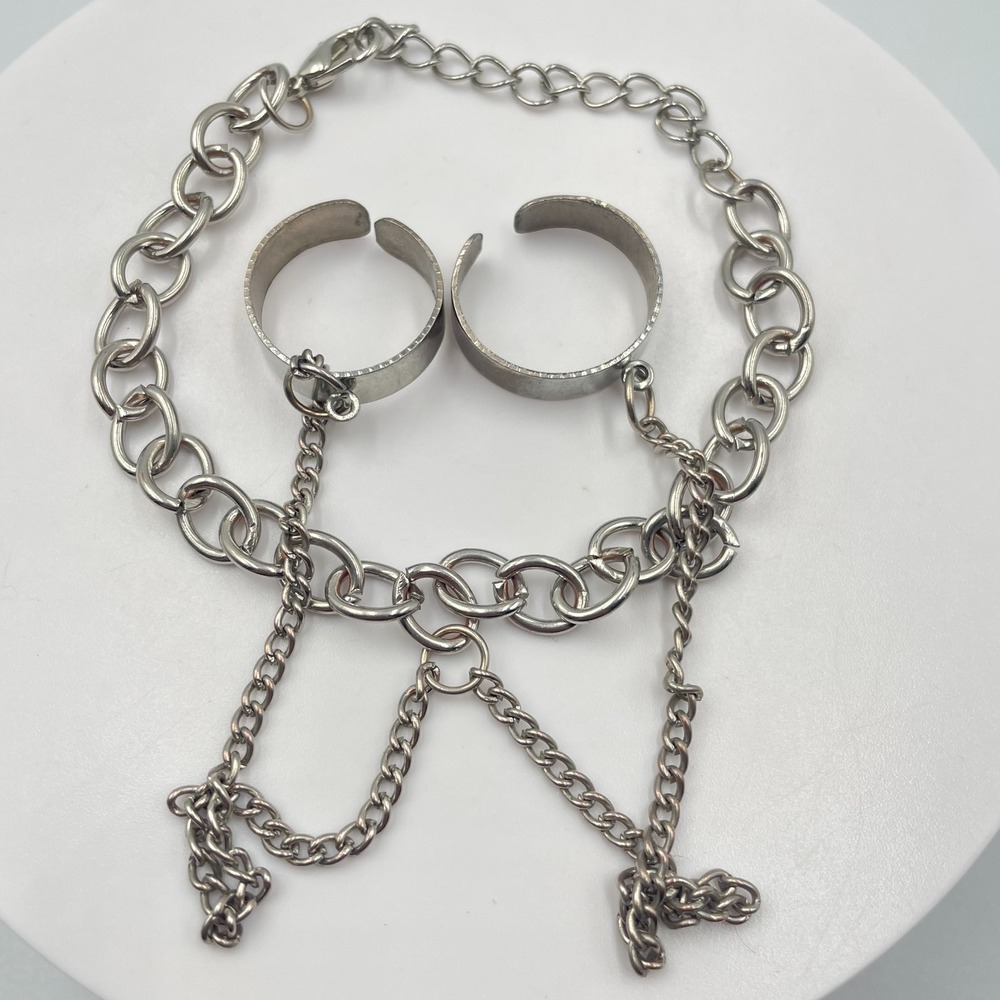 VTG Silver Tone Chain Bracelet Double Finger Ring Set Punk Grunge Adjustable